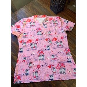 GT Performance Scrub Pink Hippo Valentine Hearts Balloons V Neck Scrub Top‎ XL